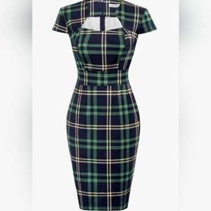 50s Retro Capped Sleeves Plaid Pencil Dress